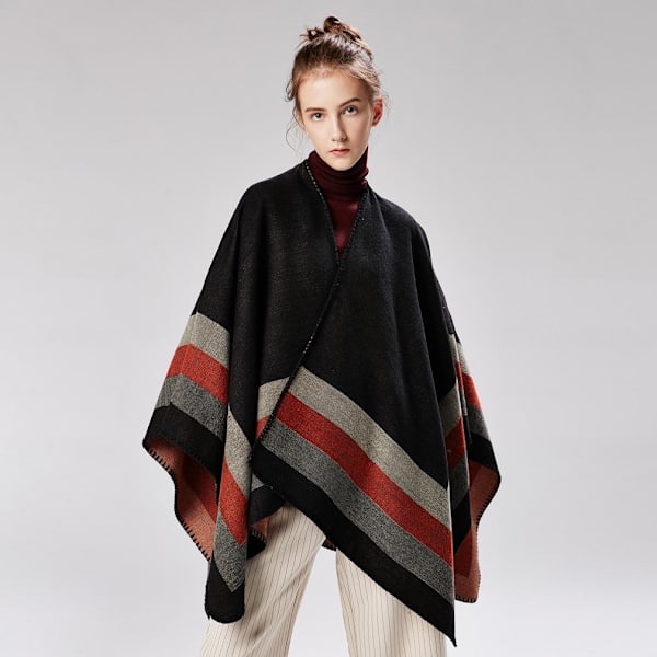 Poncho Strips Sjal Wrap Öppen Front Lång Tröja Kappa för Dam