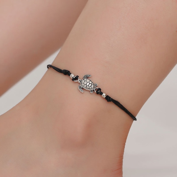 Retro hamprep Turtle Anklet Armband Fotkedja för kvinnor Handvävd Antik Silver Turtle Beach Anklet