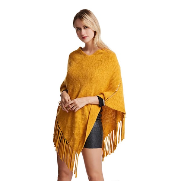 Gul Lös Sjal Pullover Stickning Poncho med Tofs Batwing Blus för Dam
