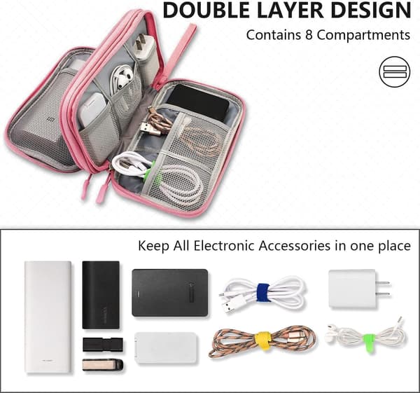 Reiseveske for kabler, vanntett etui for elektronisk tilbehør, rosa