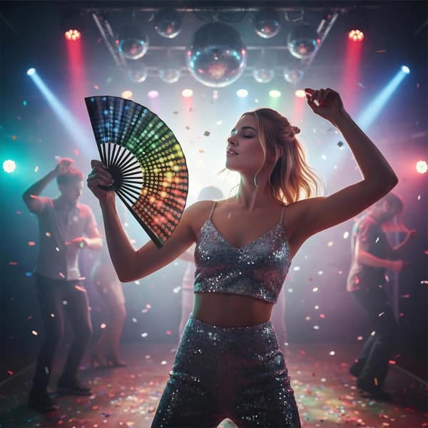 Flerfärgad hopfällbar handfläkt för rave, dans, disco, fest och evenemang