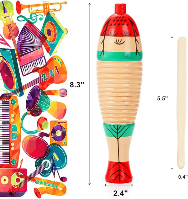 4-pack fiskformade guiro-instrument i trä med rytmpinnar för musik