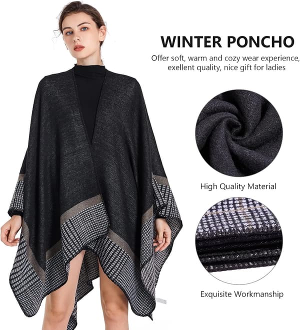 Stickad poncho-sjal för dam, oversized, varm cape-kofta med öppen front