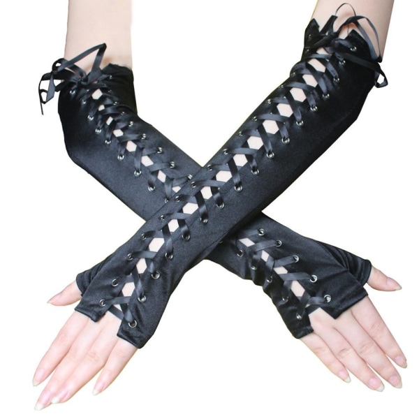 Half Finger Long Gloves Clubwear Punk Satin Disguise Gloves Black