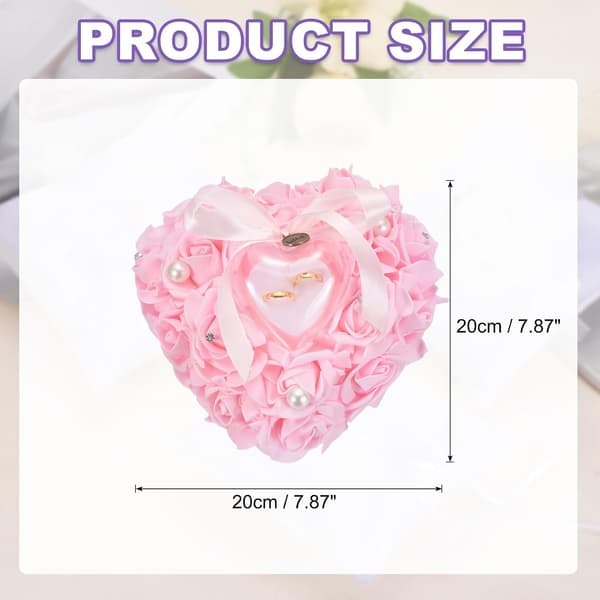 Rosa bryllupspute for ringbærer med roseblomster og hjerteformet ringeske 20 cm