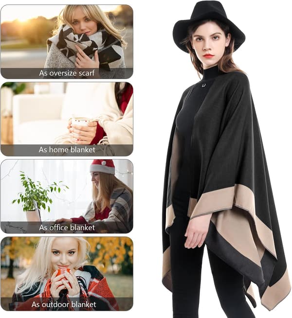 Strikket poncho-sjal til kvinder, oversized, varm cape med åben front