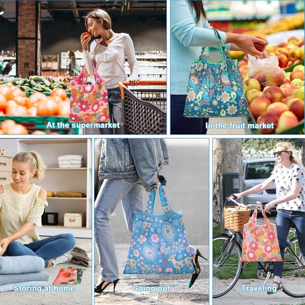 6 st hopfällbara shoppingkassar, återanvändbara 190T polyesterkassar med krokar
