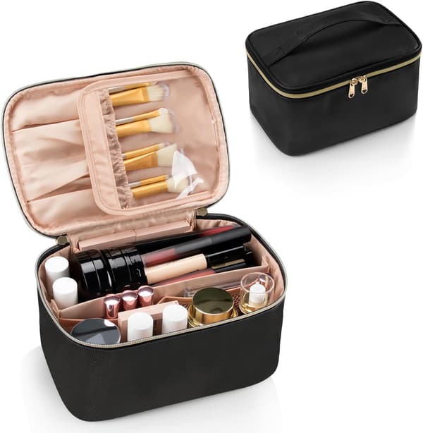 Rejse-makeuptaske med børsteholder, stor kosmetik-organizer, sort