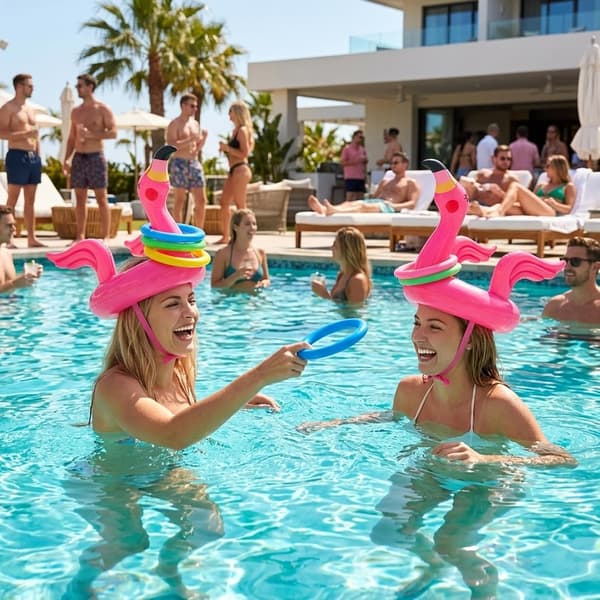 2 sæt oppusteligt flamingo-ringkastespil med 8 ringe til poolfester