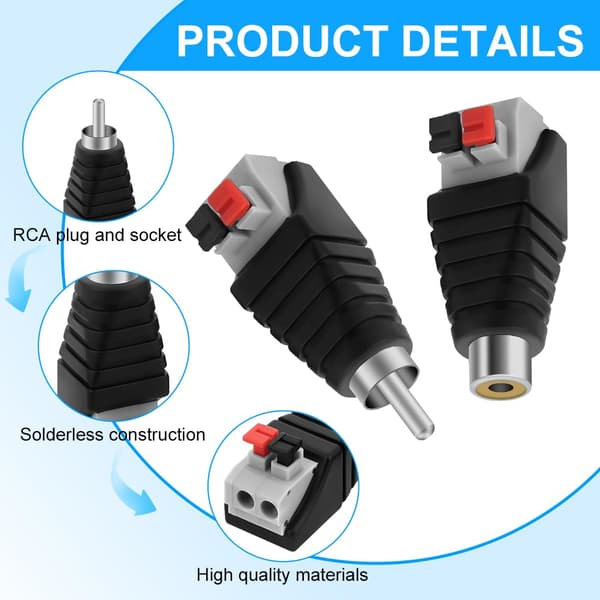 6-pack RCA-högtalarkabeladapter, set med hane och hona AV-terminalkontakter