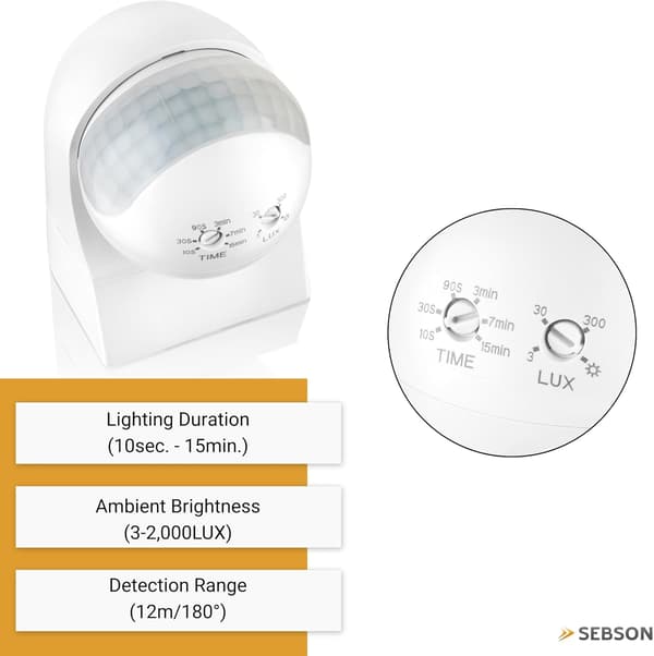 Utomhus PIR-rörelsesensor, 12m räckvidd, 180° detektering, IP44, 220-240V AC