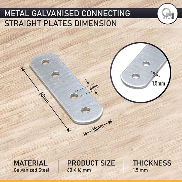 20-pack galvaniserade platta skarvplåtar 60 x 16 x 1,5 mm, 4-hålsfästen