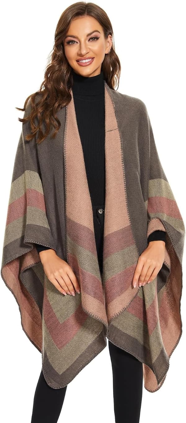 Stickad poncho-sjal för dam, oversized, varm cape med öppen front