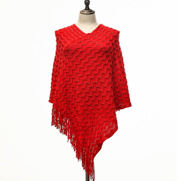 Pullover Cape Winter Lös stickning Poncho med tofs för dam