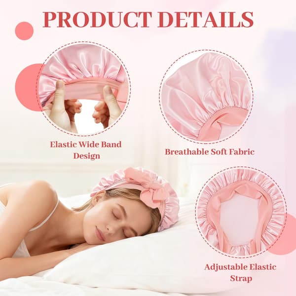 Satin-sovhuva för kvinnor med elastiskt knytband för lockigt hår, rosa