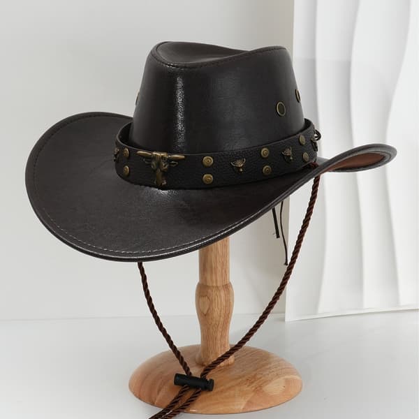 Sort cowboyhat i imiteret læder med bred skygge til voksne
