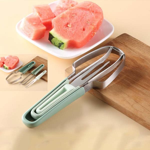3-i-1 vannmelonskjærer, slicer og gaffel, fruktkutter i rustfritt stål