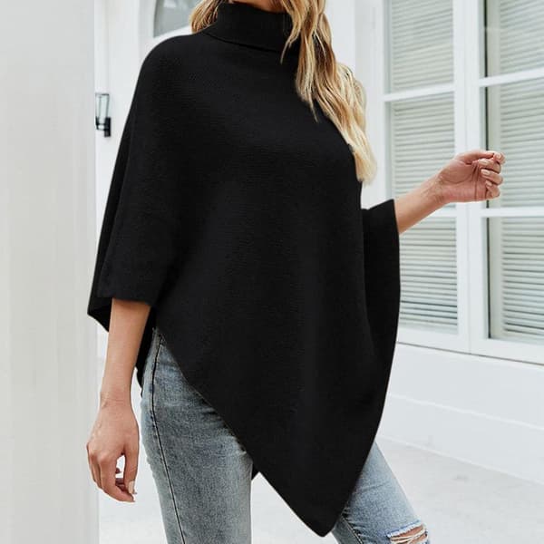 Stickad poncho-cape med hög krage och knappdetaljer för dam, vinter-sjal