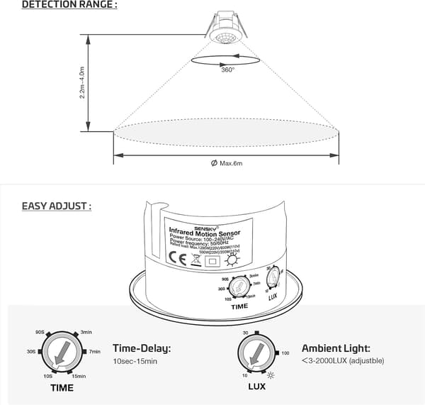 Inomhus PIR-rörelsesensor, 360° detektering, 6m räckvidd, 1200W, 100-240V AC