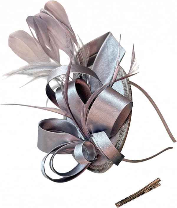 Sølvfascinator-hatt for kvinner, hodeplagg med fjær og bånd til bryllup