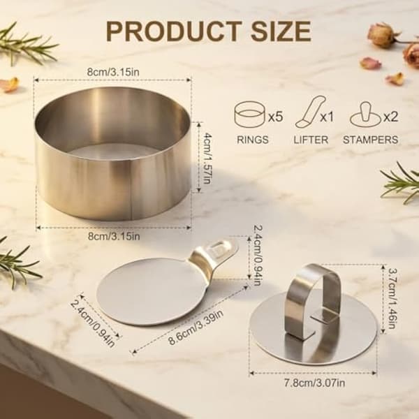 8 stk. kageringe i rustfrit stål, 8 cm non-stick bageforme med værktøj