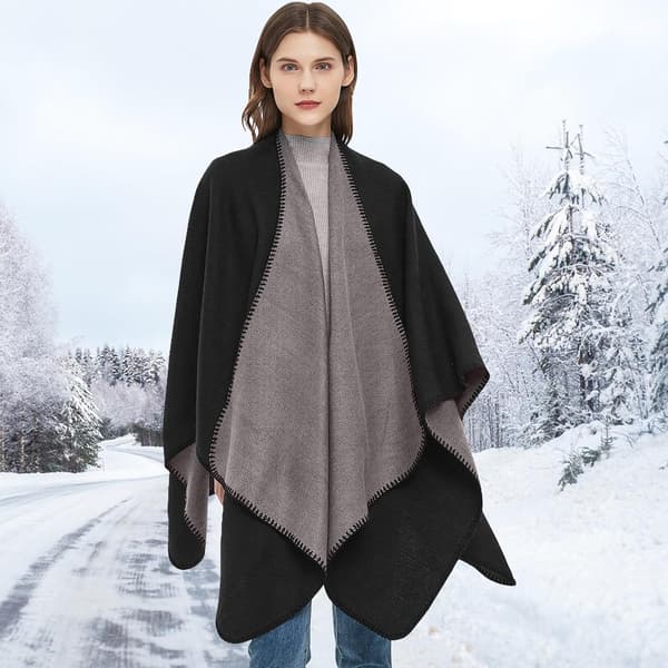 Vändbar stickad ponchocape för dam, oversized varm sjal, omlottkofta