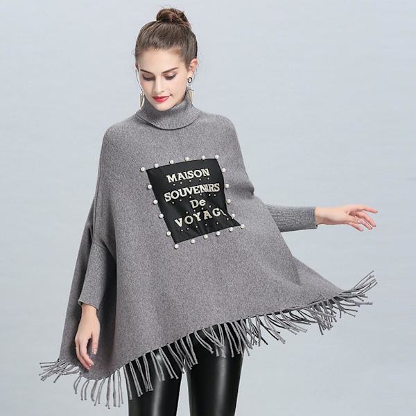 Grå lös turtleneck Pullover Wrap Sjal Batwing Blus med tofs stickning Cape for Lady