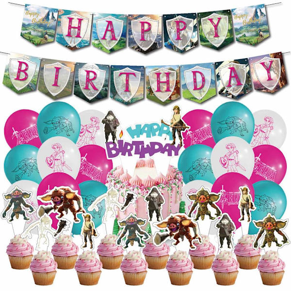 Legend of Zelda Princess Födelsedagsballonger med Banner Cake Topper Latex Ballongset Set