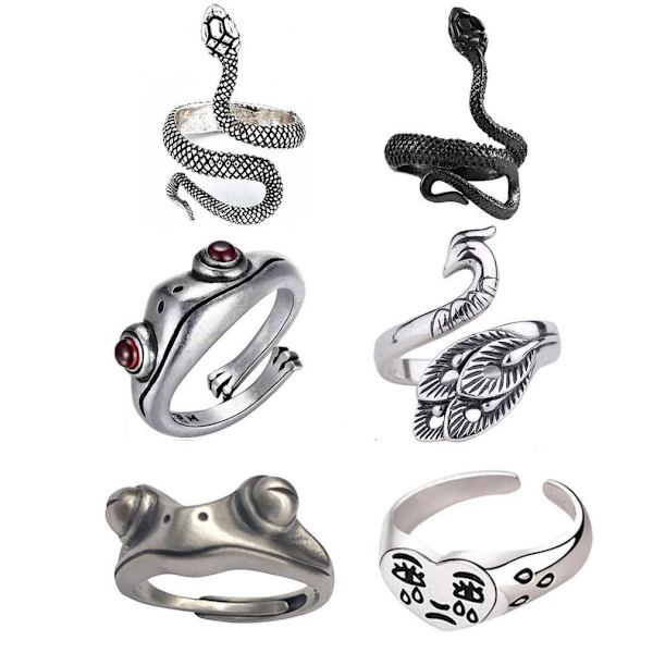 6st Retro Ringar Set Frog Peacock Heart Snake Justerbar Finger Ring