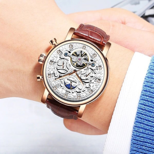 Automatisk mekanisk lysande watch för män med läderrem Diamond White Urtavla