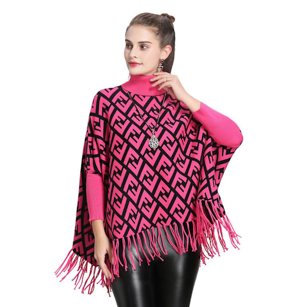 Lös Turtleneck Pullover Wrap Sjal Batwing Blus med Tofs Stickning Cape for Lady