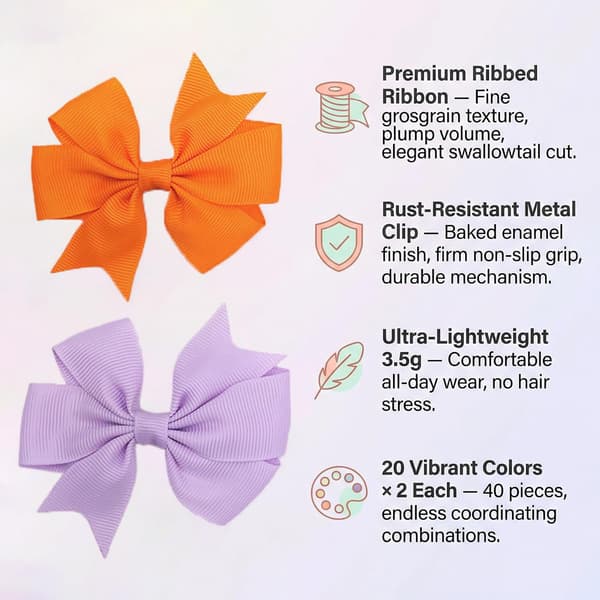 40-pack hårrosetter för flickor, 8 cm grosgrain-band med krokodilklämmor