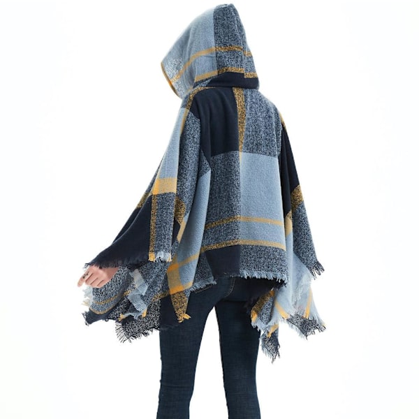Spring Autumn Rutig Pullover Hoodie Cape med tofs lös Poncho för Lady