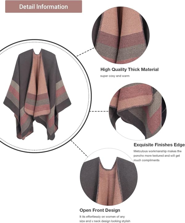 Vendbart oversized poncho-sjal til kvinder med åben front og farveblok-design