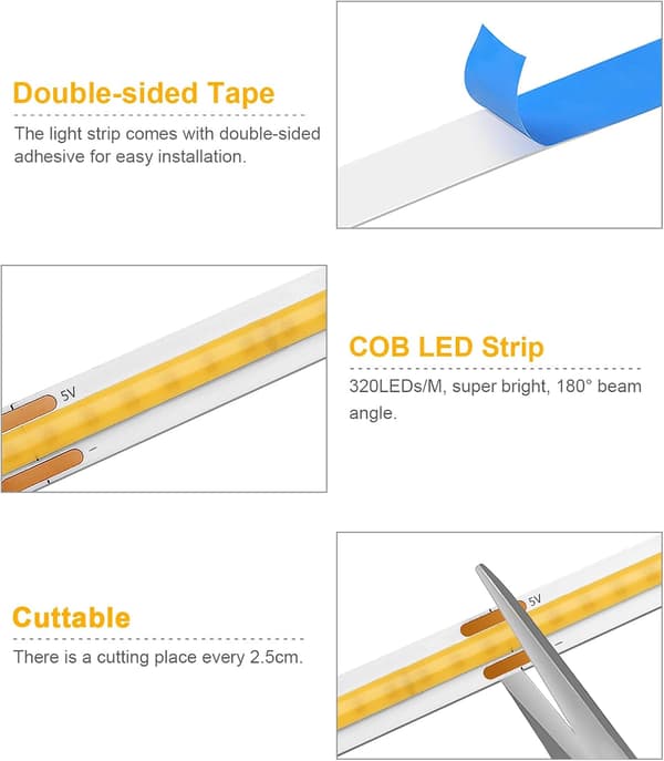 6 stk. 1 m COB LED-lysstriper 5V USB varmhvit med fjernkontrollsett