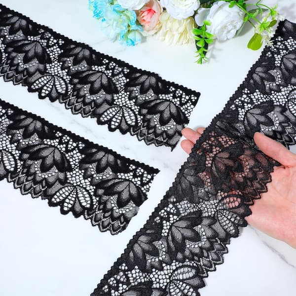 5 yards svart blomstrete blondekant 10 cm bred elastisk bånd for søm og DIY