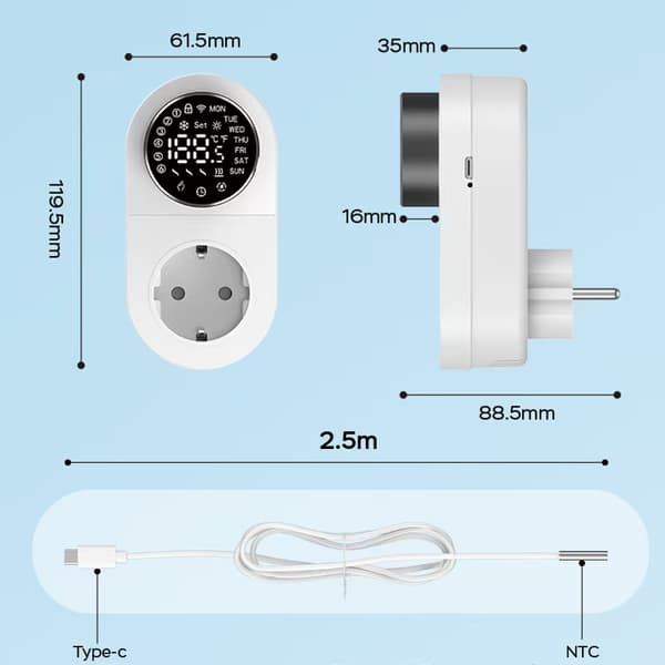 Tuya WiFi Smart Termostat Stik Timer App-styring Temperatursensor EU