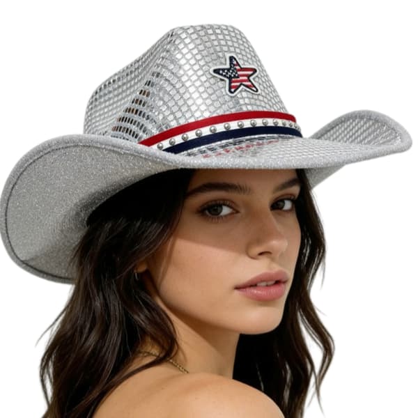 Sølv Paillet Cowboyhat Patriotisk Westernhat til 4. juli