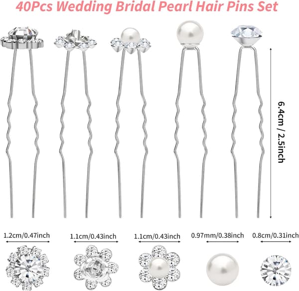 40 stk. perle-rhinestone hårnåle, sølv brudehårtilbehør til bryllup