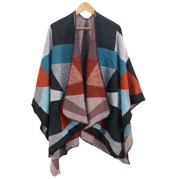 Varm sjal halsduk Öppen front poncho vinterkofta med geometriskt mönster för dam