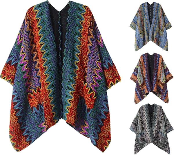 Boho-stickad ponchocape för kvinnor, etnisk virkad sjal, vinterkofta