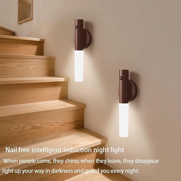 Smart Rörelsesensor LED Nattlampa med Laddningsbas och Valnötsfinish