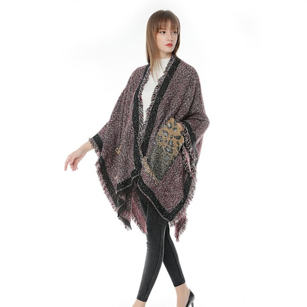 Stripes Thicken sjal Scarf med tofs Öppen front poncho med ficka vinterkofta för dam