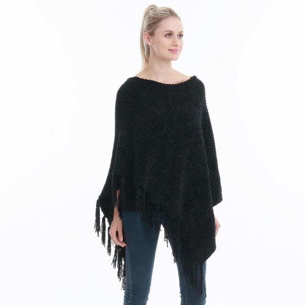 Svart Thicken Poncho Pulloversjal med tofs Lös Cape for Lady