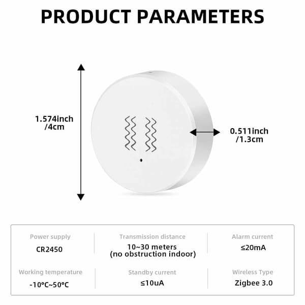 Tuya Zigbee Vibrations- og bevægelsessensor til Smart Home Automation, Hvid