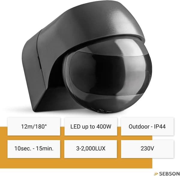 Utomhus PIR-rörelsesensor, 12 m räckvidd, 180° detektering, IP44, 220-240V, LED