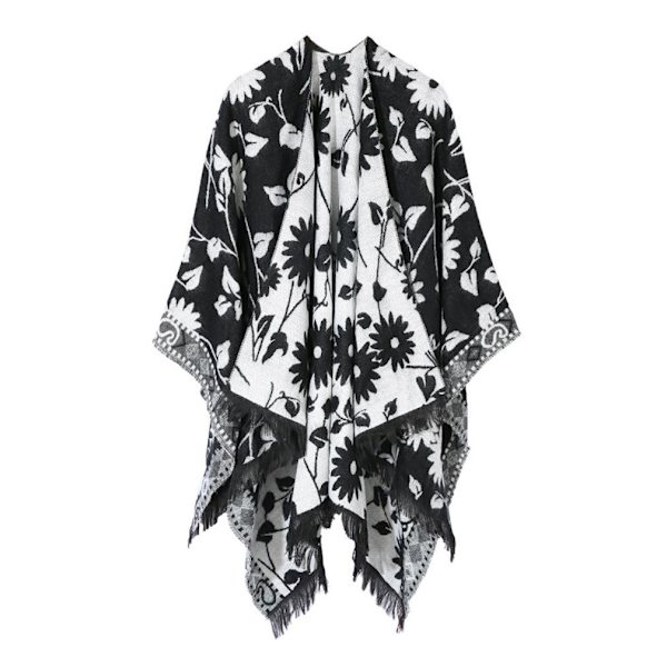 Fringed Hem Sjal Etnisk Stil Poncho Vinterkofta för Dam