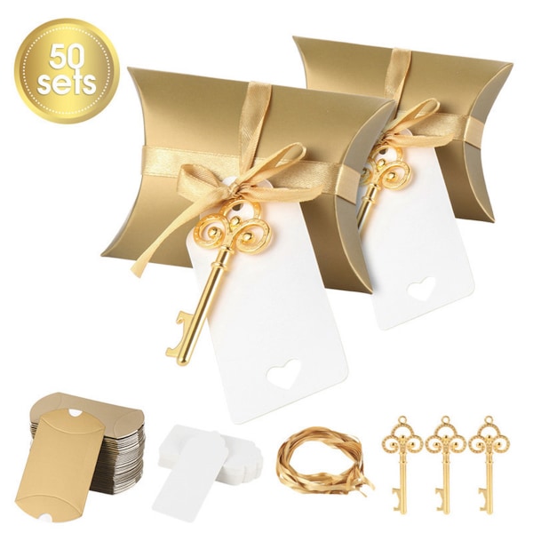 50 st uppsättningar guld kudde godis lådor favor box med flasköppnare rep och tagg
