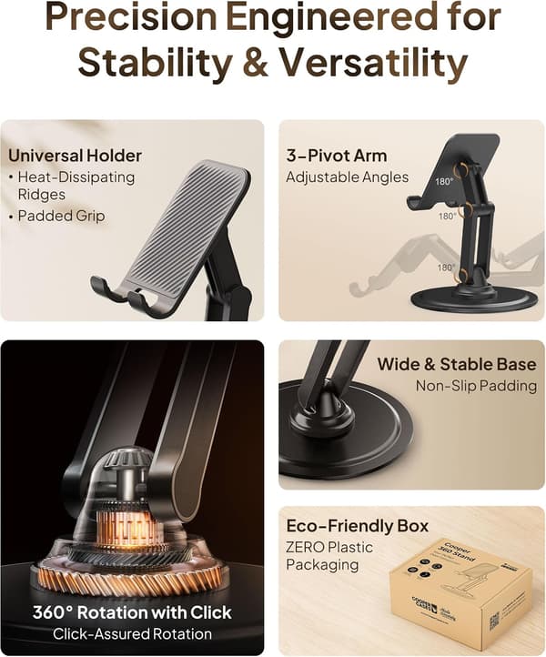 360° roterbart telefonstativ for skrivebord, sammenleggbar mobilholder i metall