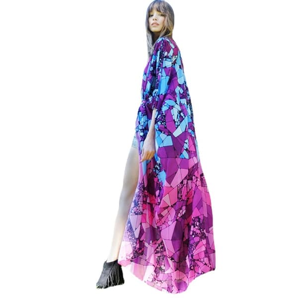 Løstsiddende Chiffon Strand Kaftan til Kvinder, Påfuglefjer Badedragt Bikini Overlay til Solbeskyttelse